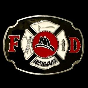 Fire Department Belt Buckle - Black, Red, & White. Unisex